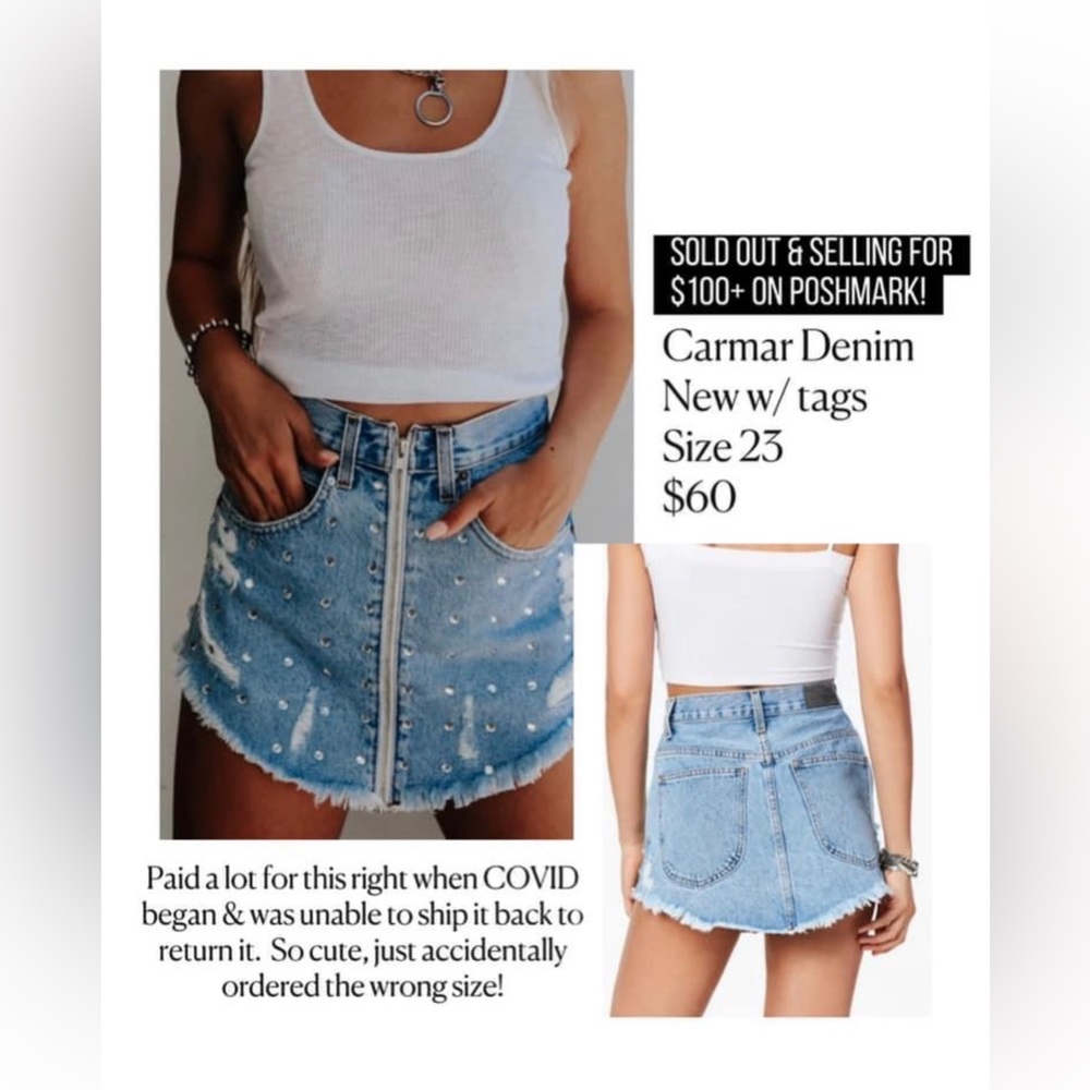 Carmar Denim Rhinestone Mini Denim Skirt - Brand New with Tags